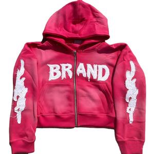 Sudadera con capucha y cremallera Glory para hombre, estilo urbano, de peso pesado, con lavado ácido, efecto vintage desgastado, corte recortado y bordado de pedrería. - Product Image 1