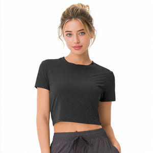 <b>Women's</b> <b>Gym</b> Fitness Crop Top Crew Neck Short Sleeve Breathable Quick Dry Eco-Friendly Polyester/Cotton Front Logo - Product Image 2