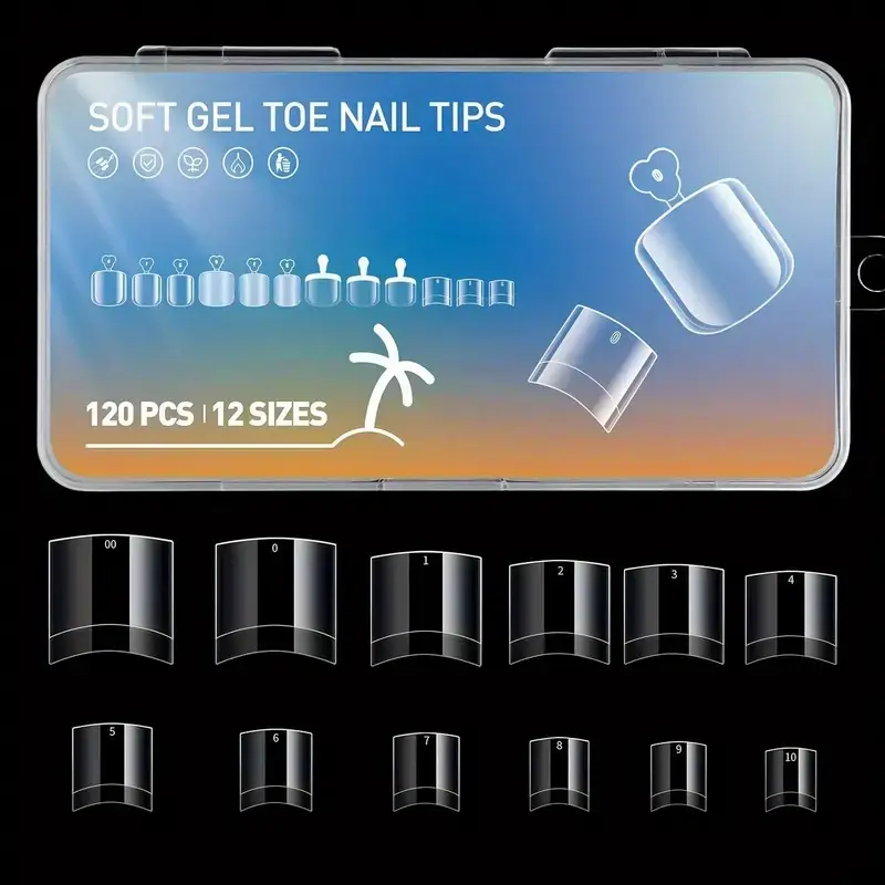 120PCS Half Cover Toe Gel Nail Tips 12 Sizes Clear Toenail Extra Short Square Press On Nail