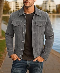 Chaqueta de moto de cuero de ante Vintage para hombre, ropa de abrigo de invierno de lona transpirable - Product Image 3