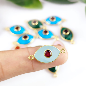 925 Sterling Silver DIY Evil Eye Inlay Gemstone Charm Connector Gold Plated Marquise Bezel Charm Connector for Bracelet - Product Image 2