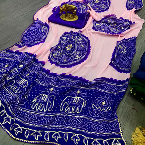 Sari traditionnel pur en georgette de Jaipur imprimé Bandhani avec pallu, motif éléphant, dentelle Samosa Gota, par Dhwaja Export - Product Image 1