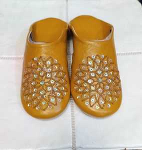 Wholesale Mustard Yellow Sequin Moroccan Leather Babouche Slippers Gold Beaded Mules Round Toe House <b>Shoes</b> multiple colors - Product Image 1