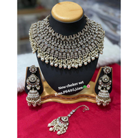Parure de bijoux plaqué or en cuivre pour mariée : collier ras-du-cou, boucles d'oreilles et Maang Tikka en zircon, style ethnique, pour mariage et fête, dernière création, fait main