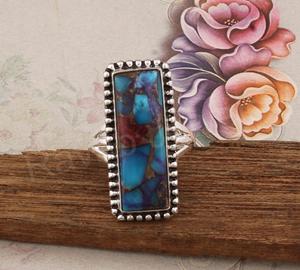 Naturel Bleu Cuivre Turquoise Rectangle Forme 10x20mm Éternité Vermeil Lunette Anneau pour Femmes Mariage Direct Bijoux Fabrique - Product Image 2