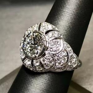 14K oro blanco Deco antiguo europeo festoneado cóctel anillo 2CT Lab Grown Diamond Dome compromiso corte bisel ajuste para boda - Product Image 2