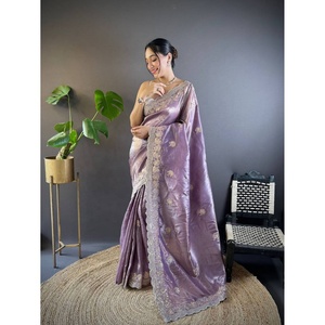 Hermoso Sari Indio con Diseños Étnicos Modernos, Bordado con Hilos y Lentejuelas, para Bodas, Festivales y Fiestas, Lavable - Product Image 1