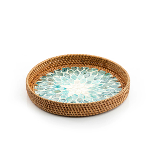 Artisan Round Rattan Serving <b>Tray</b> Unique Trendy Design Ideal For Serving Drinks <b>Snacks</b> Coffee Table Decor - Product Image 2
