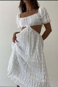 Elegance White Midi <b>Dress</b> <b>Emerald</b> Grace Midi <b>Dress</b> Is Adorned with Puff Details and an Attractive Cutout 100% Cotton comfort - Product Image 4