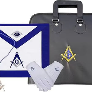 Conjunto de insignias masónicas, delantal de maestro masón, guantes, cordón con joya y estuche de transporte, conjunto de kit masónico con brújula y compás con ribete azul - Product Image 1