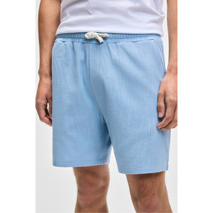 Pantalones cortos de mezcla de lino de corte relajado para hombre LEYTON con doble bolsillo y cintura elástica, color amarillo - Product Image 4