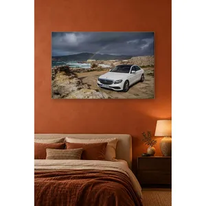Impression sur toile d'un berline Mercedes blanche de Fida sous un arc-en-ciel - Product Image 1