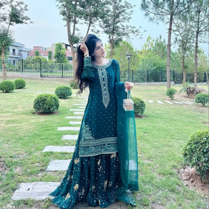 Classique lourd Faux Georgette broderie 3 mm séquence haut de travail Plazzo Dupatta ensemble réversible décontracté fête remise des diplômes toutes les saisons - Product Image 1