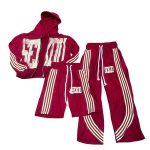 ชุดเซ็ตเสื้อฮู้ดครอปซิปสไตล์สตรีทแวร์ผู้ชาย ลุคทำเก่าแบบ Acid Wash ผ้าหนา ประดับคริสตัล พร้อมกางเกงขายาวมีแถบข้าง - Product Image 2