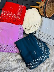 Sari en soie géorgette pure avec travail de perles, saris en miroir véritable avec pièces de blouse pour femmes - Product Image 2