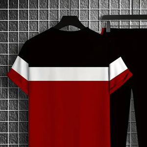 Conjunto de camiseta informal de bloque de color para hombre, 2 camisetas y pantalones de manga corta con cuello redondo - Product Image 3