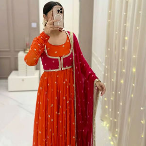 ชุดอานาร์กาลีผ้าจอร์เจตต์เนื้อหนาคุณภาพพรีเมียมสีส้มและชมพูราณี พร้อมผ้าคลุมไหล่  งานปักลายหรูหราจาก Unity Luxure - Product Image 1