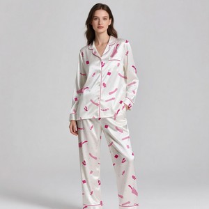 Lightweight Elegant Adult Silk Satin Sleepwear Digital Printed Pajamas Set Soft Smooth Luxury Fabric <b>Summer</b>/Spring Breathable - Product Image 3