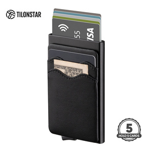 Portefeuille pop-up en métal noir TILONSTAR TVC114 bloquant les RFID, capacité de 5 cartes, porte-cartes de crédit en aluminium et cuir - Product Image 1