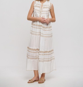 Vestido Casual sin Mangas de Algodón Blanco, Silueta en A, Talla Única, Largo hasta el Suelo, con Bordado Beige y Lentejuelas, Cintura Natural - Product Image 4