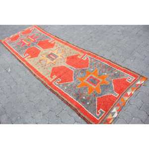 3.2x9.9 ft Rug, Vintage Turkish <b>Runner</b> Rug, <b>Red</b> Herki Wool Rug - Product Image 2