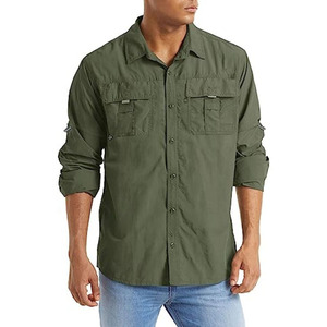 Camisa Formal de Manga Larga para Hombre, Color Verde Oliva, con Bolsillos en el Pecho, Cuello Mao, Cierre con Botones de Cuerno, Patrón de Camuflaje, Tela Dobby - Product Image 1