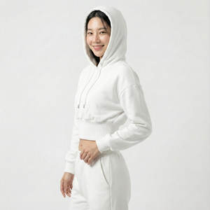 Sweat-shirts à capuche pour femmes, style streetwear tendance, taille haute cintrée, ourlet côtelé, épaules tombantes, crop top, couleurs personnalisées de la marque - Product Image 2