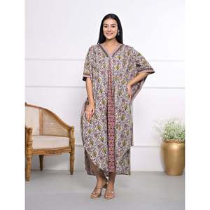 100% Cotton Hand <b>Block</b> <b>Printed</b> Kaftan Elegant Casual Lady Floor-Length Dress for Leisure & Valentine's Day - Product Image 1