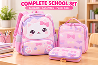 Ensemble de sacs à dos scolaires personnalisés pour filles, motif chat mignon, 3 pièces, avec sac à déjeuner assorti et trousse à crayons, OEM ODM