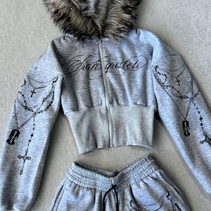 100% Cotton Custom Screen-Printed <b>Fleece</b> Hat and ZipUp Short Coat Style Eco-Friendly printed short <b>Hoodie</b> Tracksuit Sets For men - Product Image 1