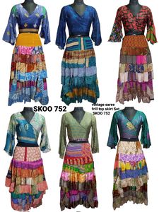 Conjunto de Falda y Top de Seda con Volantes Estilo Sari Vintage, Transpirable, con Estampado Floral y Bordado, Falda Recta Larga hasta el Suelo, Estilo Bohemio - Product Image 2