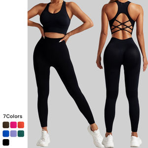 Women's Custom Logo Gym Fitness Activewear Set 2 Pieces Solid Pattern Yoga Legging and Running <b>Top</b> Multiple <b>Cross</b> <b>Tops</b> - Product Image 1