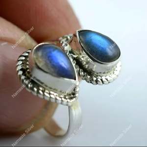 Labradorite Dual Gemstone <b>Ring</b> Gray <b>Statement</b> Piece 925 Sterling Silver Jewelry Inlay Setting Perfect Anniversary Gift - Product Image 4