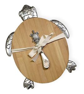 Tabla de cortar de madera de acacia con diseño de concha y estrella de mar y mangos plateados Aperitivos de queso ideales Decoración de cocina con temática de playa - Product Image 3