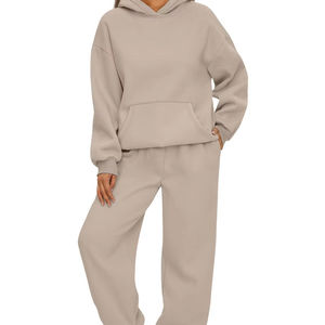 <b>Women's</b> Two-Piece Set Solid <b>Pattern</b> Breathable <b>Fleece</b> Knitted Oversized Hoodies Pants 460g 100% Cotton Full-Length Winter Casual - Product Image 1