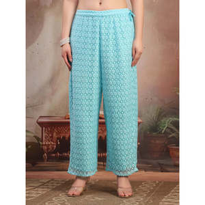 Pantalon palazzo évasé rose en coton pour femme, motif floral, taille haute/basse, respirant, décontracté et élégant - Product Image 3