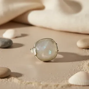 Silver Moonstone <b>Adjustable</b> <b>Ring</b> Women Romantic Trendy Retro Style Rose Gold Plated Inlaid Sterling Silver Exquisite Elegant - Product Image 2