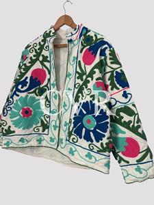 Bohemian Floral Embroidered Cotton Jacket Mandarin Collar Three Quarter Sleeve Plus Size Women's Outerwear Spring Casual Style - Product Image 2