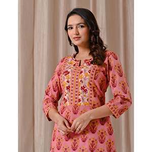 Casual <b>Peach</b> Butta Block Printed Straight Kurta Set Spring/Summer Three-Quarter Sleeve Afghani <b>Top</b> - Product Image 1