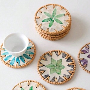 ชุดถาดรองแก้วลายมุกผสมหวายสไตล์โบฮีเมียนสำหรับถ้วยกาแฟอุปกรณ์บนโต๊ะอาหารแผ่นรองแก้วถักด้วยมือผลิตในเวียดนาม - Product Image 5