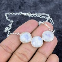 Collar de Cadena con Dije de Piedra Lunar Arcoíris Chapado en Plata 925 con Engaste de Bisel, Estilo Bohemio para Mujer, Ideal para Fiesta de Compromiso o Boda
