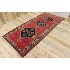 Alfombra Turca Vintage, Grande, 4.2x9.6 pies (127x292 cm), Alfombra de Lana con Diseño Floral Rojo - Product Image 1