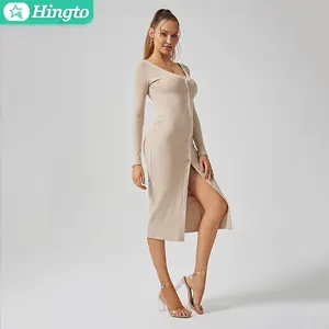Hingto Wholesale Custom Premium French Drawstring V-Neck Women's Casual Dresses