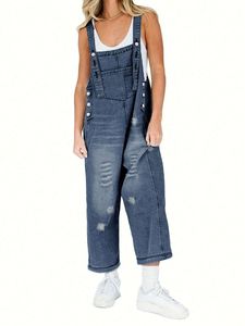 Tuta in Denim oversize da <span class=keywords><strong>donna</strong></span> 2025 pantaloni larghi larghi Casual Vintage con bretelle estive con bretelle <span class=keywords><strong>Jeans</strong></span> con tecniche sciolte - Product Image 6