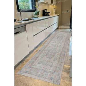 Tapis imprimé à motifs floraux - Beige, vert, décor antique, design turc, tapis en velours de luxe - Product Image 4