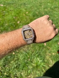Montre pour homme en or jaune, style Hip Hop, sertie de moissanite et de diamants, boîtier carré, bracelet argenté, mouvement à quartz, montre de luxe et de style professionnel - Product Image 5