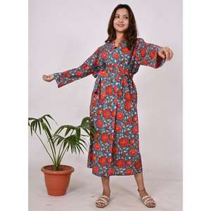 ชุดกิโมโนผ้าฝ้ายลายบล็อกพิมพ์ธรรมชาติ เอวธรรมชาติ เป็นมิตรกับสิ่งแวดล้อม น้ำหนักเบา เหมาะสำหรับใส่ไปชายหาด ชุดลำลองฤดูใบไม้ผลิ ชุดคลุม - Product Image 4