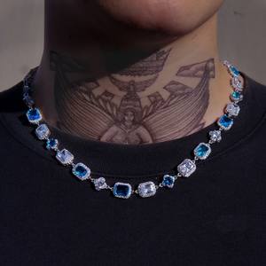 Chaîne en argent sterling S925 avec moissanite, largeur 11 mm, pierre précieuse bleue, bracelet chaîne glacée de luxe HipHop, collier plaqué or et argent - Product Image 1