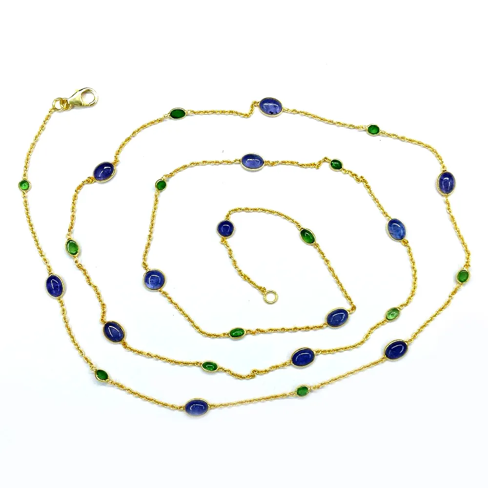 Fournisseur traditionnel de bijoux en argent sterling 925 à faible quantité minimale de commande Collier à longue chaîne en pierre précieuse de tanzanite émeraude