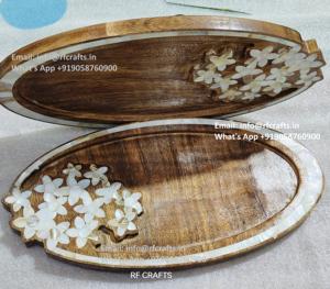 Bandeja para servir de madera de acacia con incrustaciones de nácar con madreperla para decoraciones de boda y regalos Eid - Product Image 5